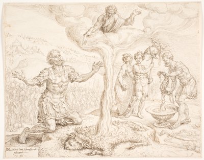 Gideon knielt in gebed (Het verhaal van de dauw en de wolvlies) door Maarten van Heemskerck