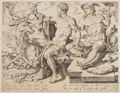Naftali met een hert en een gebroken standbeeld van Mercurius, uit de serie De Twaalf Patriarchen, gravure door Dirk Volkertsz Coornhert door Maarten van Heemskerck
