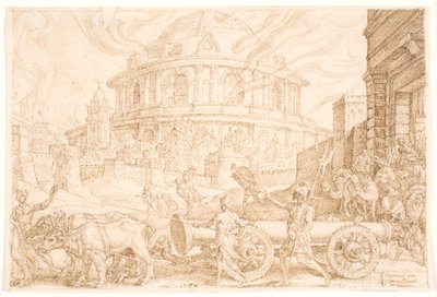 Nebukadnezar en de Chaldeeën plunderen de tempel in Jeruzalem door Maarten van Heemskerck