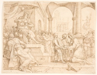 De staatschrijver Sjafan leest uit het wetboek voor koning Josias, die zijn kleren scheurt door Maarten van Heemskerck