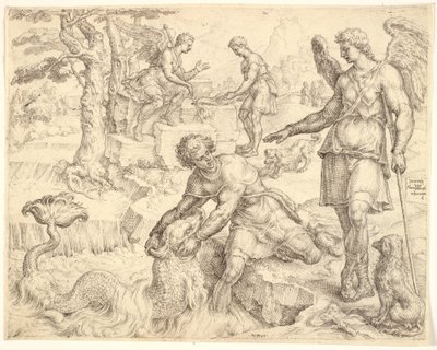 Tobias vangt de vis in de rivier Tigris door Maarten van Heemskerck