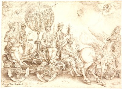 Triomfwagen. Mundus (De Wereld). (Een allegorie van de Vier Elementen) door Maarten van Heemskerck