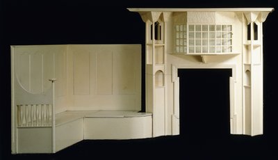 Een beschilderde houten schouw en inglenook ontworpen voor Glencrutchery House, Douglas, circa 1897 door Mackay Hugh Baillie Scott