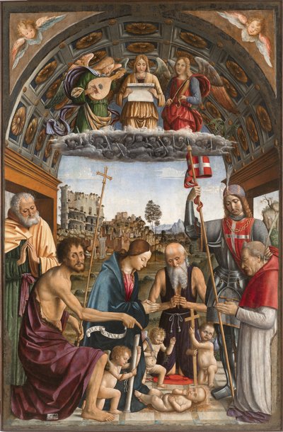 Madonna in aanbidding van het Kind met putti die de symbolen van het Lijden dragen, muzikale engelen, heiligen Jozef, Johannes de Doper, Hiëronymus, Solutor en de schenker Amedeo van Romagnano, 1505 door Macrino dAlba