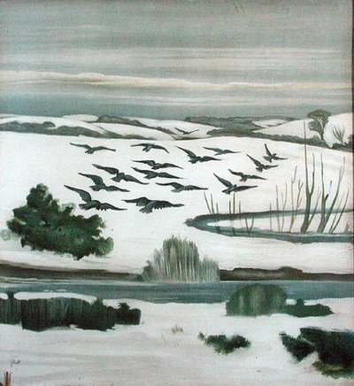 Kraaien die over een winterlandschap vliegen door Madeline Wyndham
