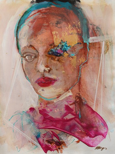 Lost In Thought 2, 2020 (acryl, pastel en bladgoud op papier) door Madgalena Morey