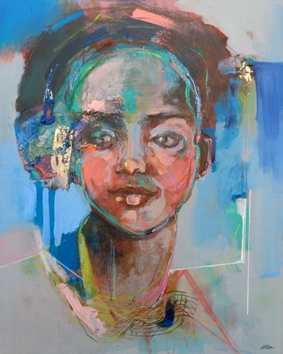 She Speaks For Herself, 2020 (acryl, pastel en bladgoud op doek) door Madgalena Morey