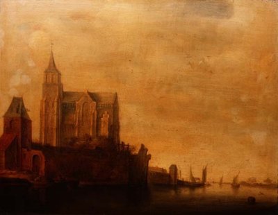 Groote Kerk met Uitzicht op de Hoofdtoren, Emmerich in een Rivierlandschap met Zeilboten door Maerten Fransz van der Hulst