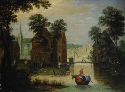 Rivierlandschap met de vlucht naar Egypte door Maerten Ryckaert