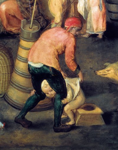 Vlaams huisinterieur. Een man houdt een kleine jongen op het potje door Maerten van Cleve