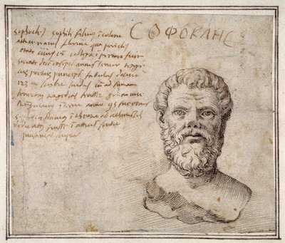 Antieke buste van Sophocles, geannoteerd, na Fulvio Orsini door Maerten van Heemskerck