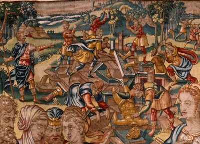 Diocesaan museum (Museo Diocesano). Vlaams wandtapijt. Serie Verhaal van Gideon. Joash wordt geïnformeerd dat Gideon het altaar van Baäl heeft vernietigd. door Maerten van Heemskerck