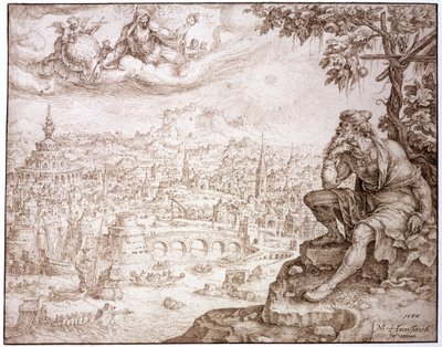 Jona, zittend onder de kalebas, overpeinst de stad Nineve, 1566 door Maerten van Heemskerck