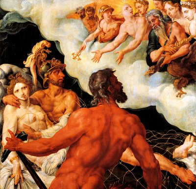 Mars en Venus gevangen in het net van Vulcanus door Maerten van Heemskerck