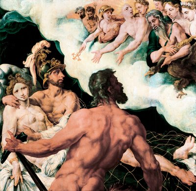 Mars en Venus gevangen in het net van Vulcanus door Maerten van Heemskerck