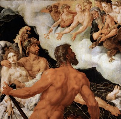 Mars en Venus gevangen in het net van Vulcanus door Maerten van Heemskerck