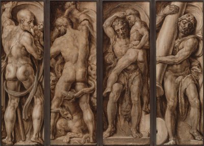 Saturnus verslindt een kind; Hercules doodt de Hydra; Hercules tilt Antaeus op; Hercules richt de zuilen van Calpe en Abyla op door Maerten van Heemskerck