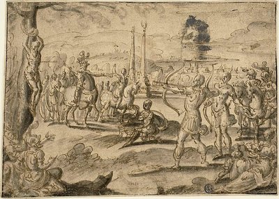 Schieten op vaders lijk door Maerten van Heemskerck