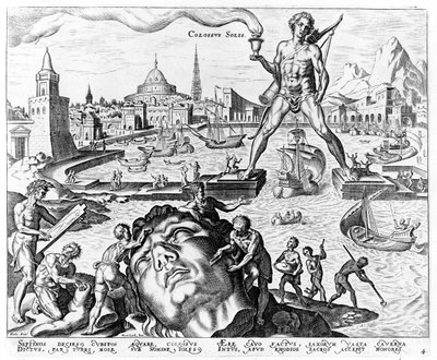 De Kolossus van Rhodos, plaat 4 uit De Acht Wonderen van de Wereld, gravure Philips Galle, 1572 door Maerten van Heemskerck
