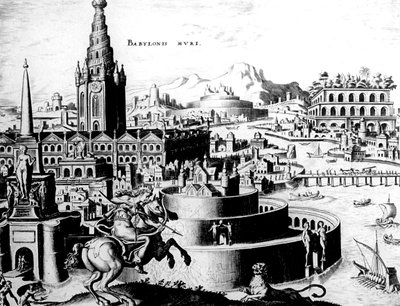De muren van Babylon, plaat 7 uit De Acht Wereldwonderen, gravure Philips Galle door Maerten van Heemskerck