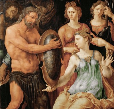 Vulcanus overhandigt Thetis het schild voor Achilles door Maerten van Heemskerck