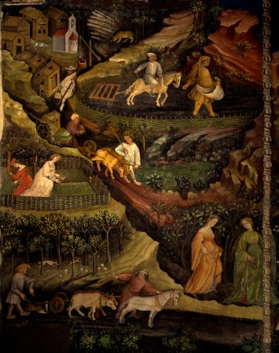 Werk op het veld, detail uit Maand Oktober, Cyclus van Maanden door Maestro (attr. to) Venceslao
