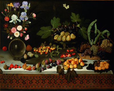 Bloem en fruit op een tafel, ca. 1600 door Maestro di Hartford