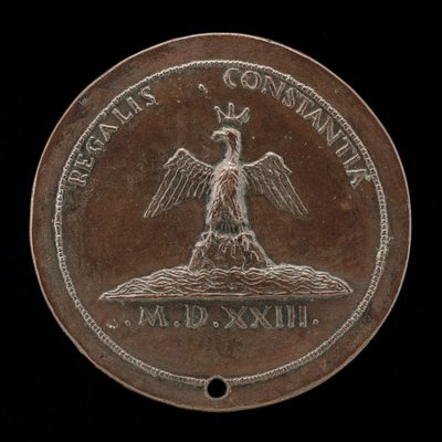 Gekroonde adelaar op een heuvel te midden van water [achterzijde], 1523 door Maffeo Olivieri