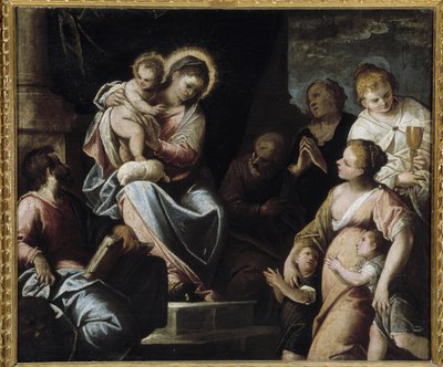 De Maagd heeft het Kind omringd door theologische deugden Allegorie van Geloof, Hoop en Liefde door Maffeo da Verona