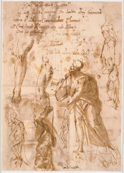 Twee bladen uit een schetsboek. Zes studies voor staande figuren, twee studies voor benen, drie schetsen voor voeten en één hoofd door Maganza