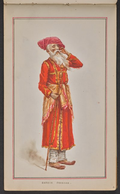 Oudere hofbeambte van de Kolhapur durbar, gekleed in een rode jas en roze tulband (aquarel op papier) door Mahadev Vishvanath Dhurandhar