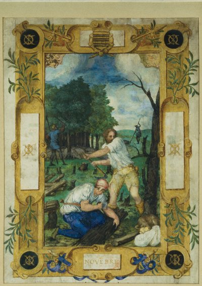 Kalenderpagina voor november, bomen kappen, uit een getijdenboek, ca. 1550-60 door Maitre des Heures de Claude Gouffier