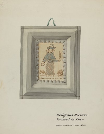 Handgetekende Santo Nino de Atocha - handgemaakte tinnen lijst door Majel G. Claflin