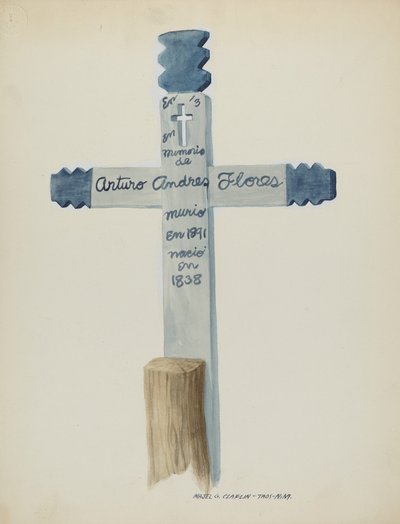 Handgemaakte en geschilderde houten kruis - grafsteen, ca. 1937 door Majel G. Claflin