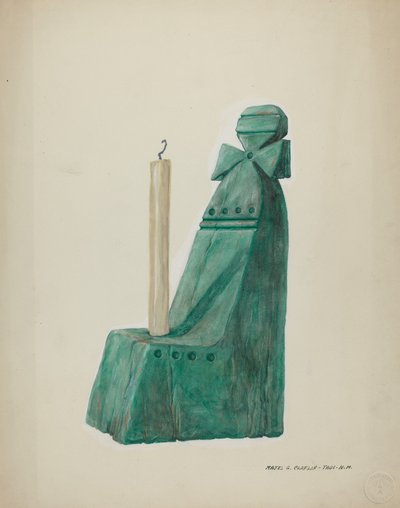 Geschilderde houten kandelaar, met groeven en cirkels, ca. 1937 door Majel G. Claflin