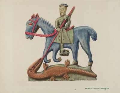 Sint Joris en de draak, gesneden uit een plank - geschilderd, c. 1938 door Majel G. Claflin