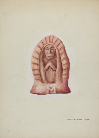 Kleine standbeeld van Guadalupe uit steen gehouwen, ca. 1937 door Majel G. Claflin