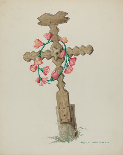 Houten kruis gebruikt als grafsteen handgemaakt, ca. 1937 door Majel G. Claflin