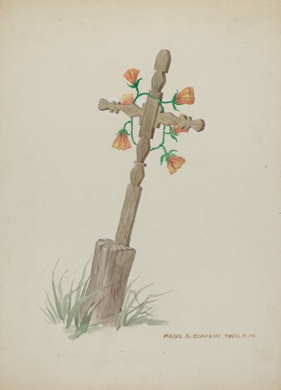 Houten kruis gebruikt als grafsteen, ca. 1937 door Majel G. Claflin