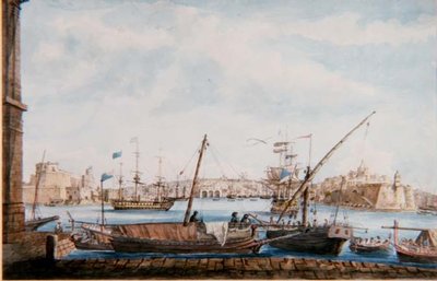 Uitzicht op de haven van de galeien vanaf Valetta-zijde door Major James of Tolcross Weir