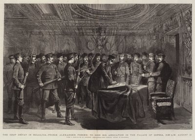 De staatsgreep in Bulgarije, prins Alexander gedwongen zijn abdicatie te ondertekenen in het paleis van Sofia, 2.30 uur 21 augustus door Maksymiljan Antoni Piotrowski