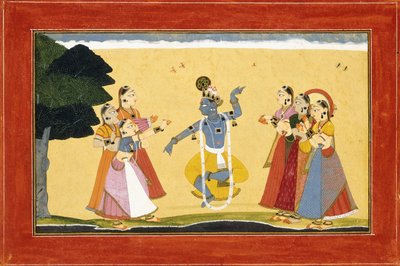 Krishna danst voor de koeienmeisjes terwijl ze in hun handen klappen, ca. 1730-1735 door Manaku