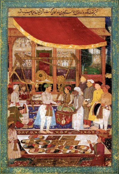 Keizer Jahangir weegt prins Khurram in goud, c. 1610-1615 door Manohar Manohar
