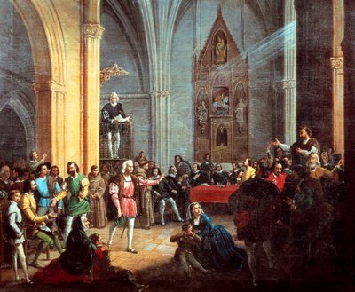 Christoffel Columbus tijdens het lezen van de Koninklijke Pragmatiek (detail) door Manuel Cabral y Aguado Bejarano