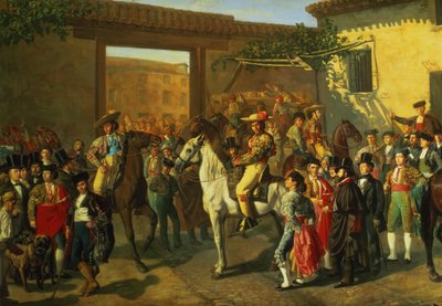 Paarden in een binnenplaats bij de stierenvechtring voor de stierengevecht, Madrid, 1853 (detail) door Manuel Castellano
