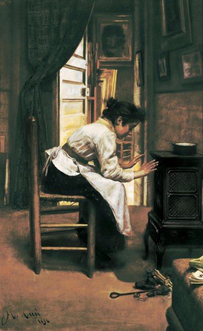 "Een vrouw voor het fornuis", schilderij door Manuel Cusi door Manuel Cusí