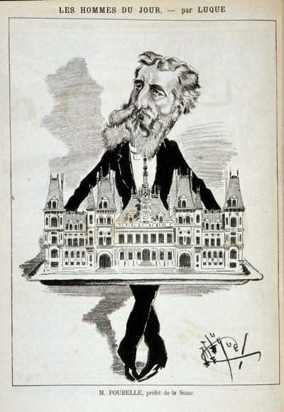 Cartoon door M. Poubelle, prefect van de Seine, die het stadhuis van Parijs op een plateau draagt - Tekening door Luque, in 