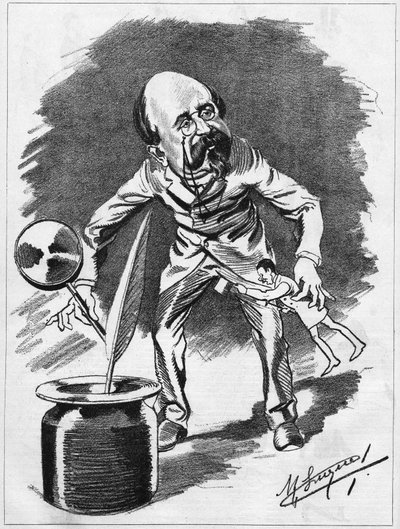 Edmond Gondinet (1828-1888) Franse toneelschrijver. Cartoon door de cartoonist Manuel Luque. In “De Cartoon” van 1886 door Manuel Luque