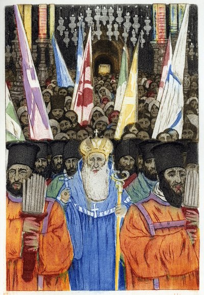 Joodse orthodoxe ceremonie in Jeruzalem. Gravure door Manuel Orazzi (1860-1934), in 