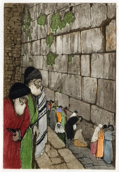 Joden voor de Klaagmuur, het enige overblijfsel van de Tempel van Jeruzalem gebouwd door koning Salomo in -950. Gravure door Manuel Orazzi (1860-1934), in 